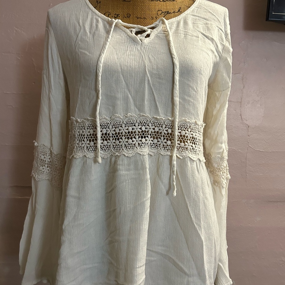 Cream Lace-Trimmed Blouse